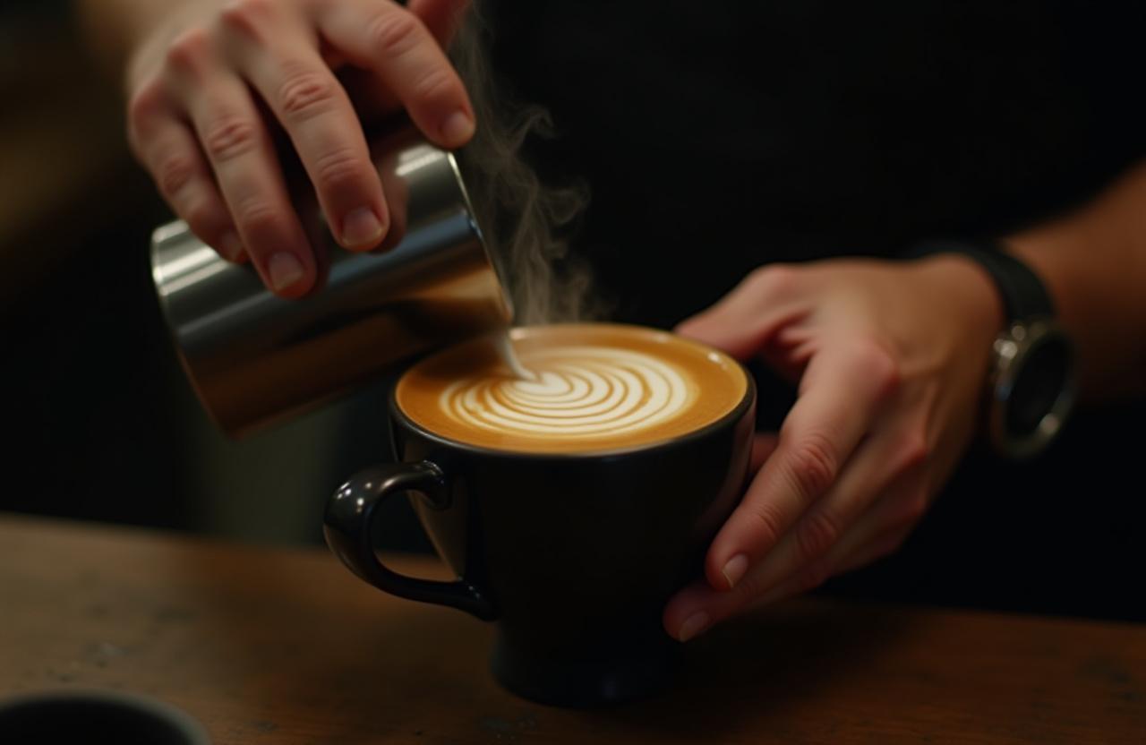 A close-up of a blacksmith's hands carefully pouring intricate latte art into a dark ceramic cup.